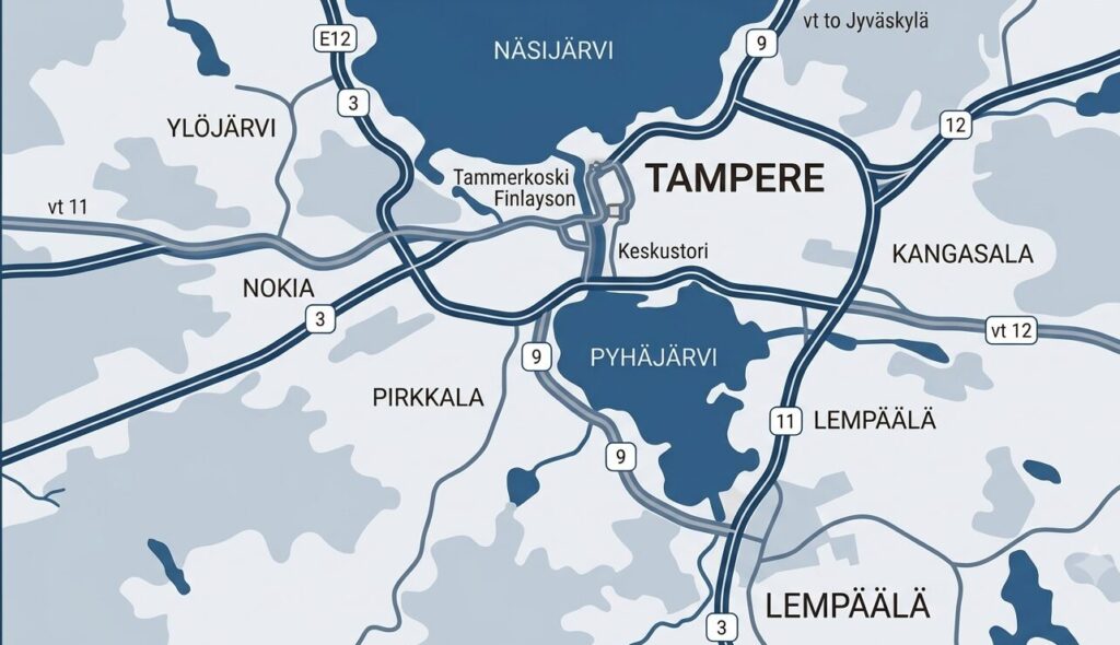 Putkimispalvelun palvelualuekartta: Tampere ja lähiympäristö.